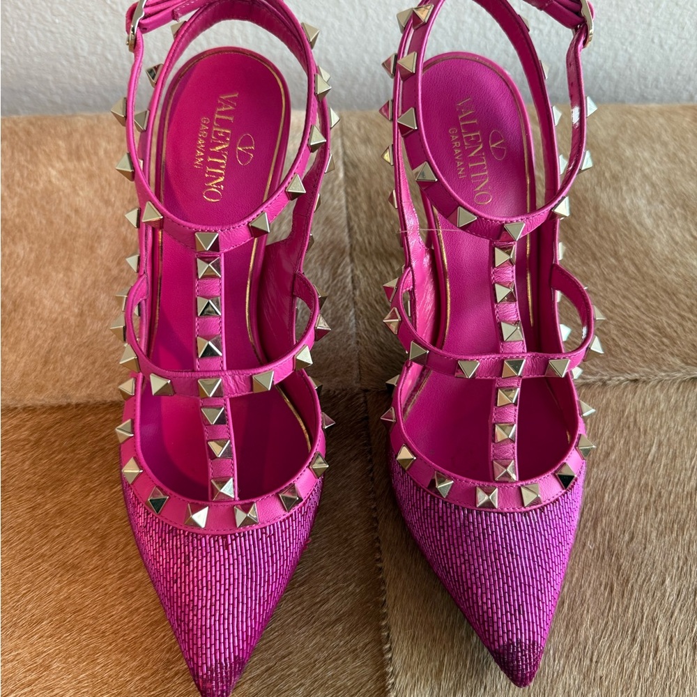 Valentino Fuchsia Beaded T-Strap Rockstud Pumps-NO OFFERS ACCEPTED